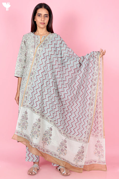 Chanderi Silk Kurta Pant Set With Dupatta Block Print